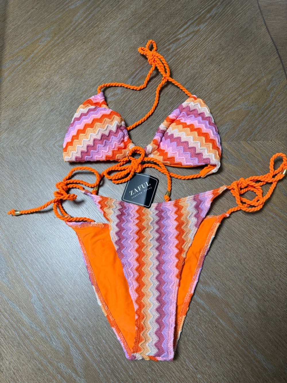 Zaful Orange Pink Purple Chevron Crochet Bikini